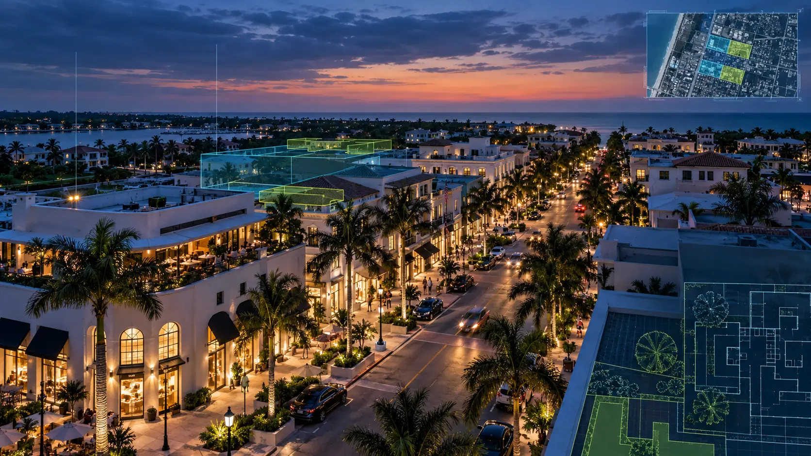 Editorial aerial of Fifth Avenue South in Naples with parcel and plan overlays