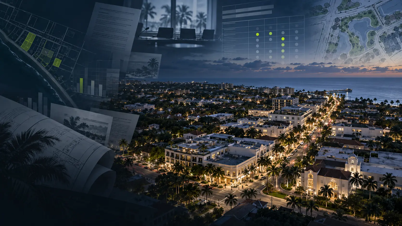 Editorial aerial of Naples with public meeting, budget and project-record overlays
