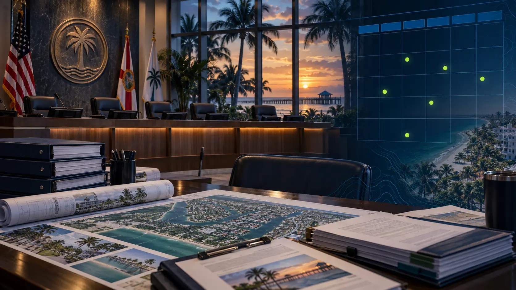 Naples, Florida municipal chamber with budget, agenda and calendar overlays