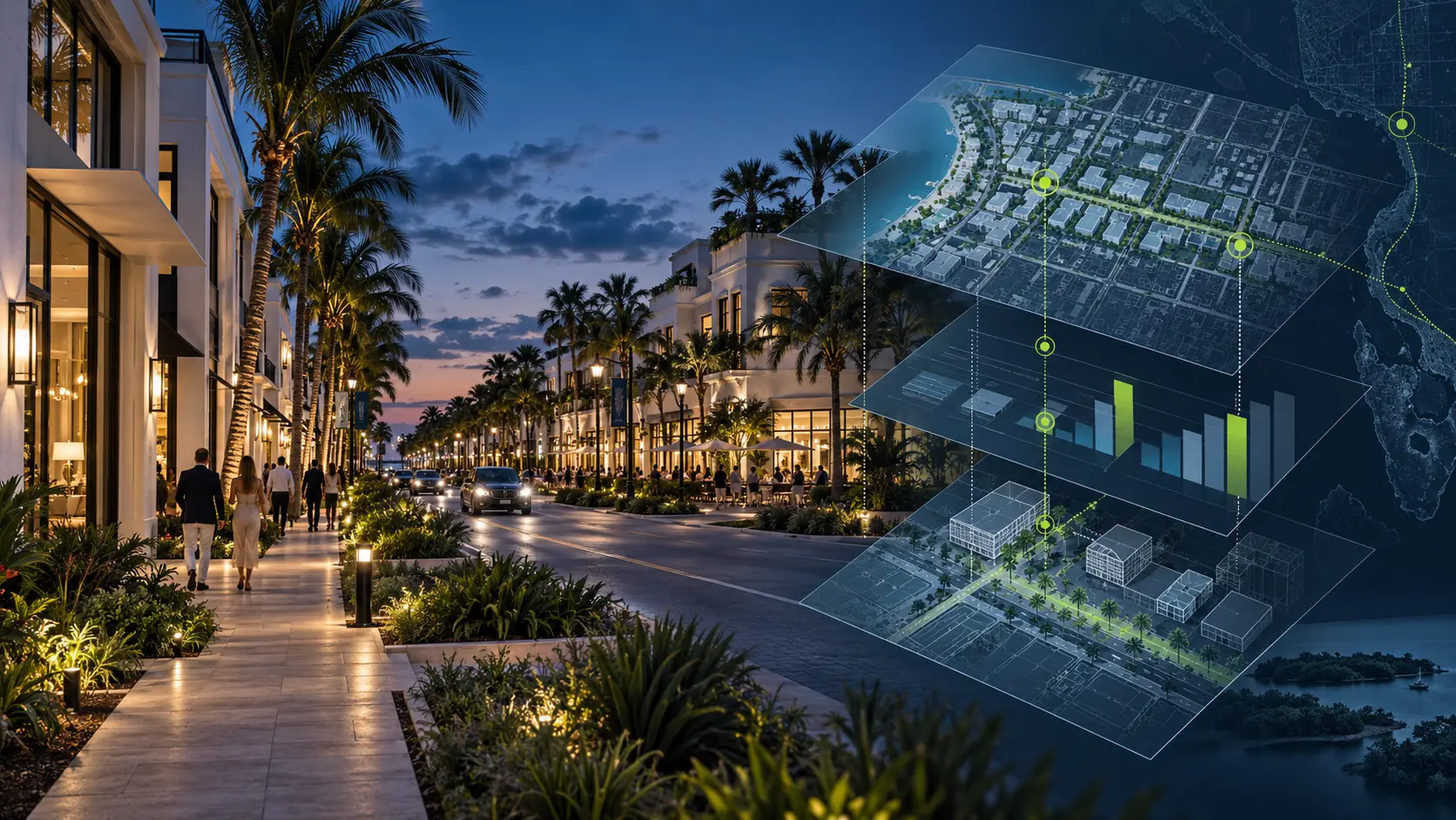 Naples Design District streetscape with urban-plan overlays