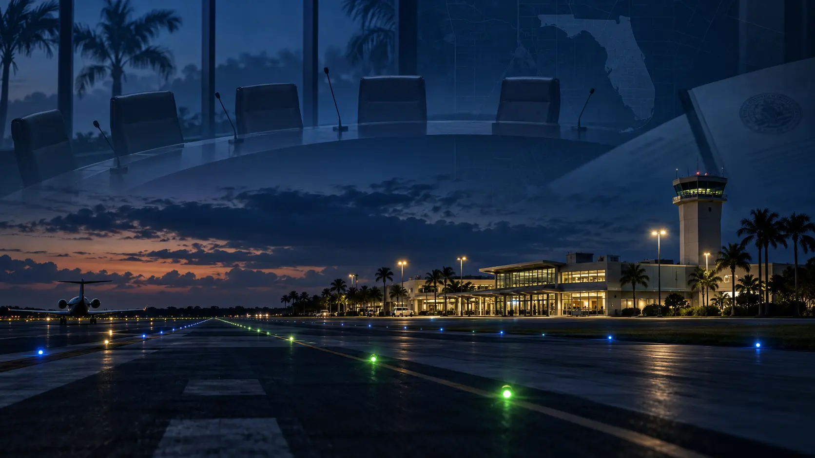 Florida airport runway, control tower and public-authority boardroom