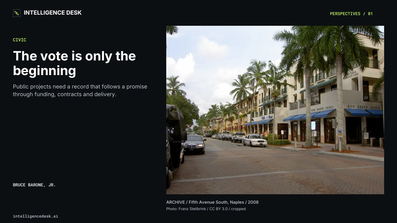 Archival photograph of storefronts, palms and street access on Fifth Avenue South in Naples in 2008.