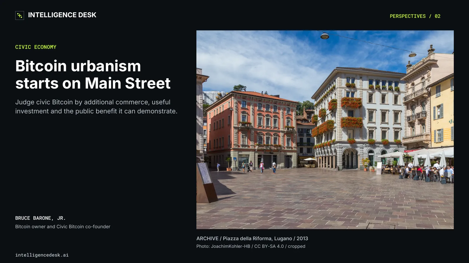 Archival photograph of cafes and pedestrians in Piazza della Riforma, Lugano, in 2013; this is a place illustration, not evidence of Bitcoin use.