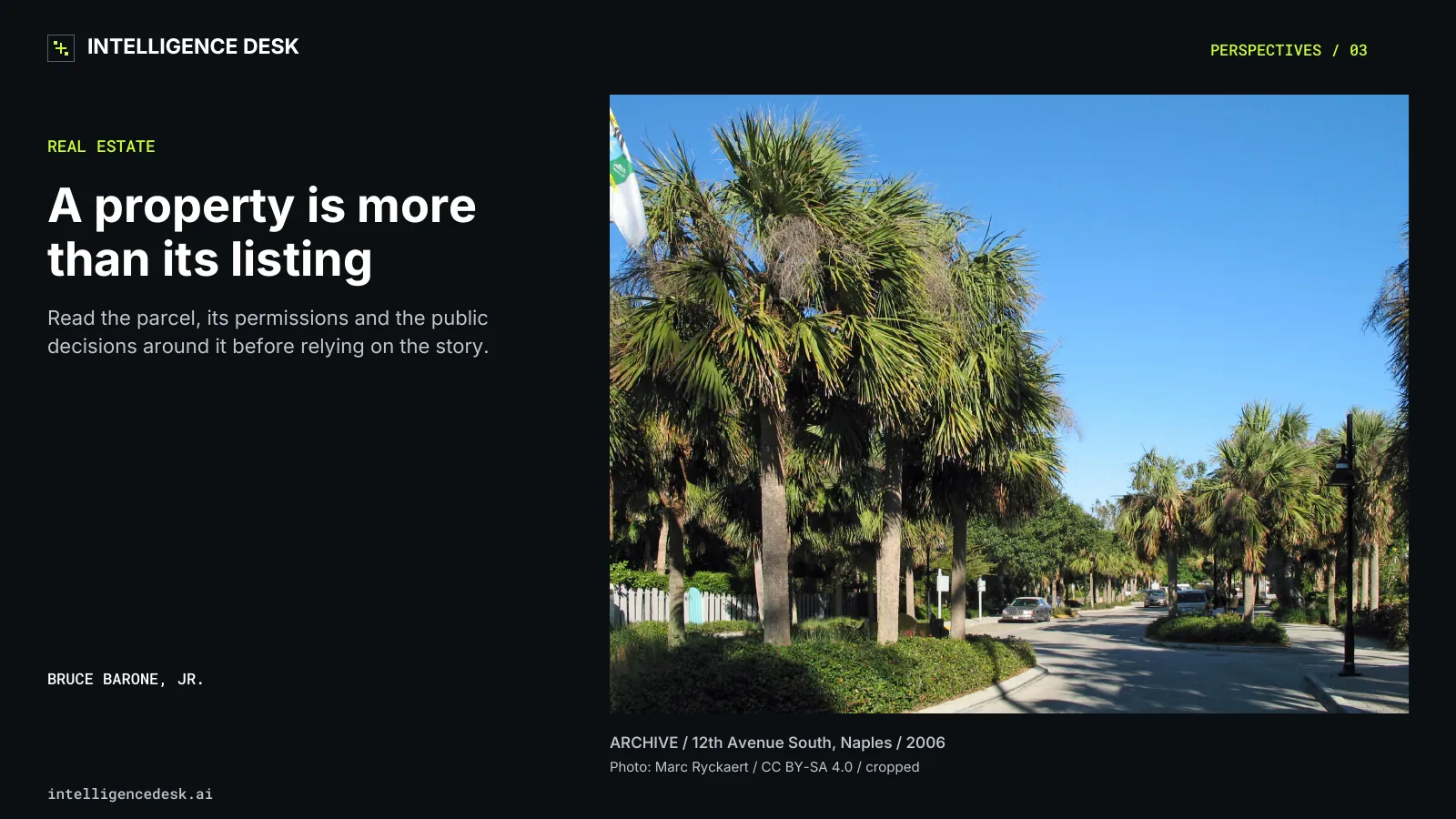 Archival photograph of palms, sidewalks and the street along 12th Avenue South in Naples in 2006; no depicted property is evaluated.