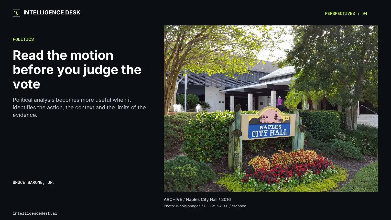 Archival photograph of the Naples City Hall sign and building in 2016; no meeting or particular vote is depicted.